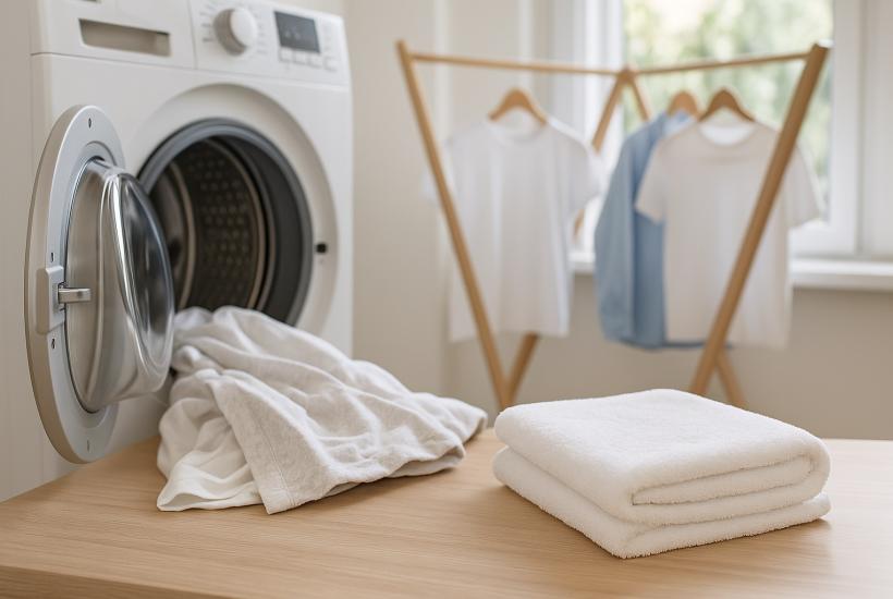 Стиральная машина и сушащиеся вещи