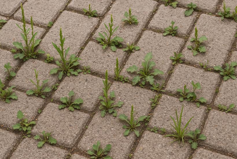 Уксусный раствор уничтожает сорняки между плиткой