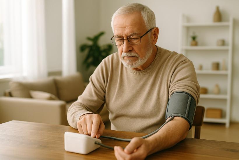 Пенсионер измеряет давление