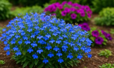 Высота лобелии — 10–25 см, куст полностью покрыт цветами