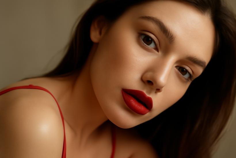 Девушка с красной помадой, крупный план