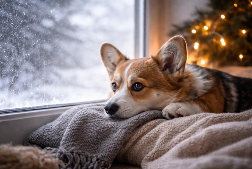 Грустный корги зимой