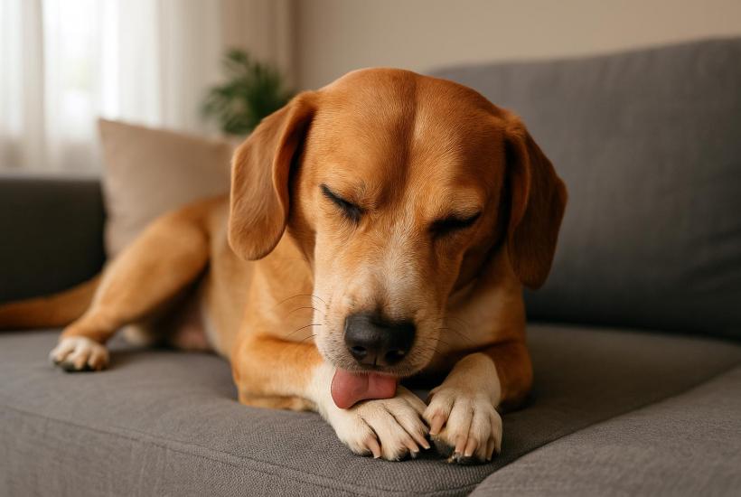 Собака грызет лапу