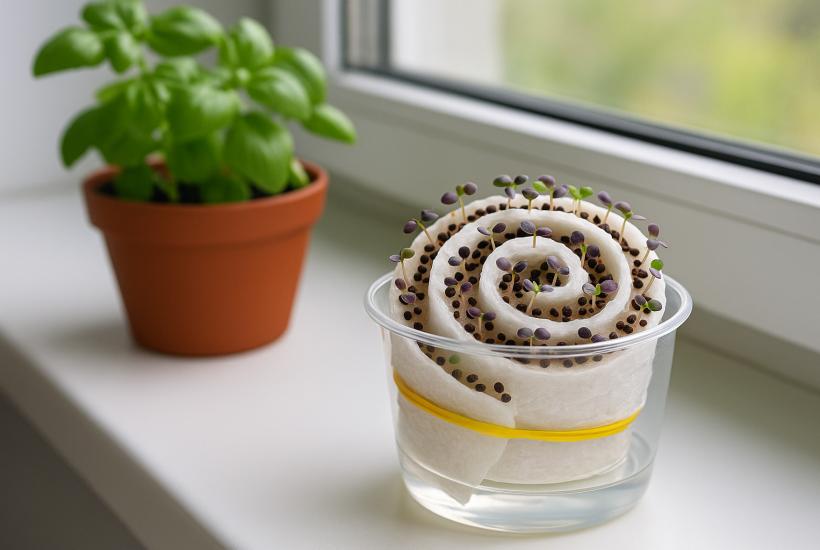 Реалистичное фото рассады базилика, выращенной в «улитке» на подоконнике