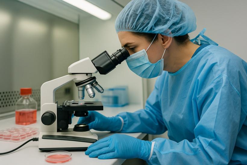 Учёный в лаборатории с микроскопом