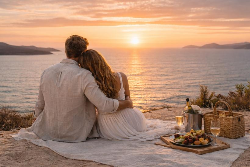 Влюбленная пара на берегу моря смотрит на закат