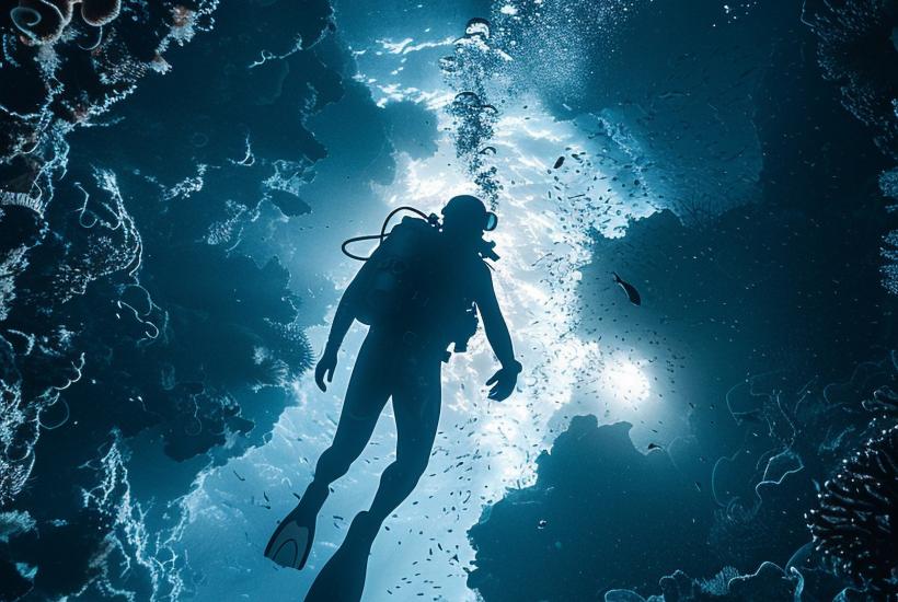 Водолаз в море, окруженный дикой природой