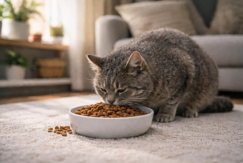 Кошка кушает корм