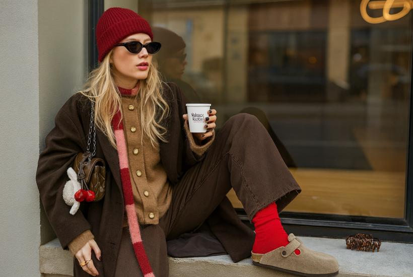 Девушка в бордовой шапке у кафе