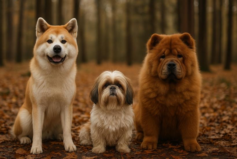 Акита-ину, ши-тцу и чау-чау в парке