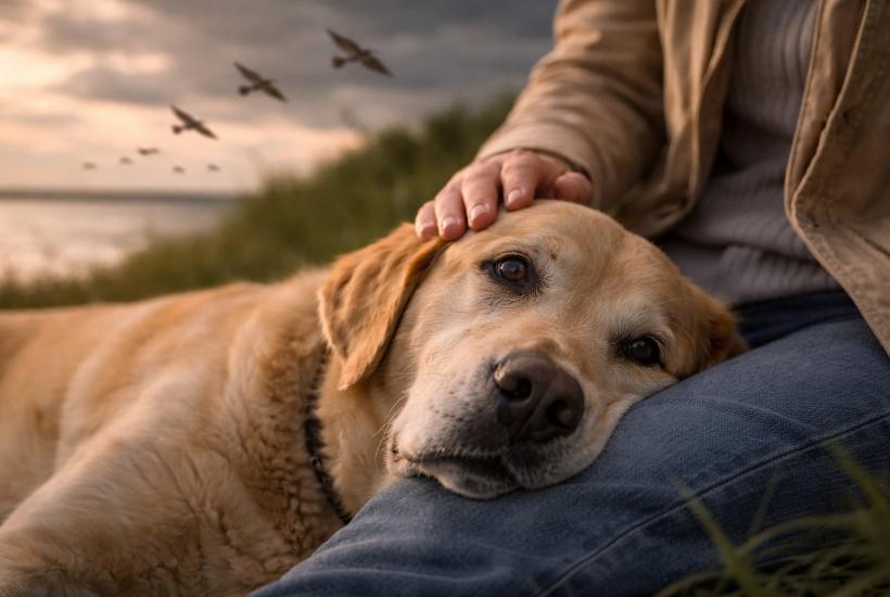 Собака лежит на ногах хозяина