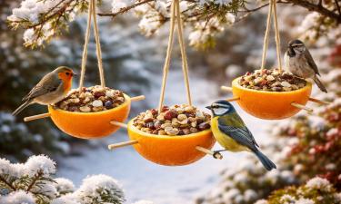 Кормушку для птиц можно сделать из апельсиновой кожуры