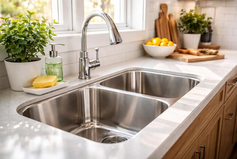 Современная кухня с блестящей раковиной