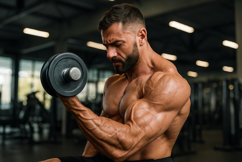 Бодибилдер качает бицепс