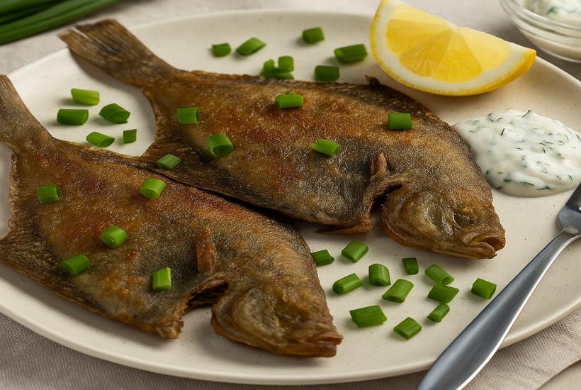 Жареная камбала с чесночным соусом Жареная камбала с чесночным соусом