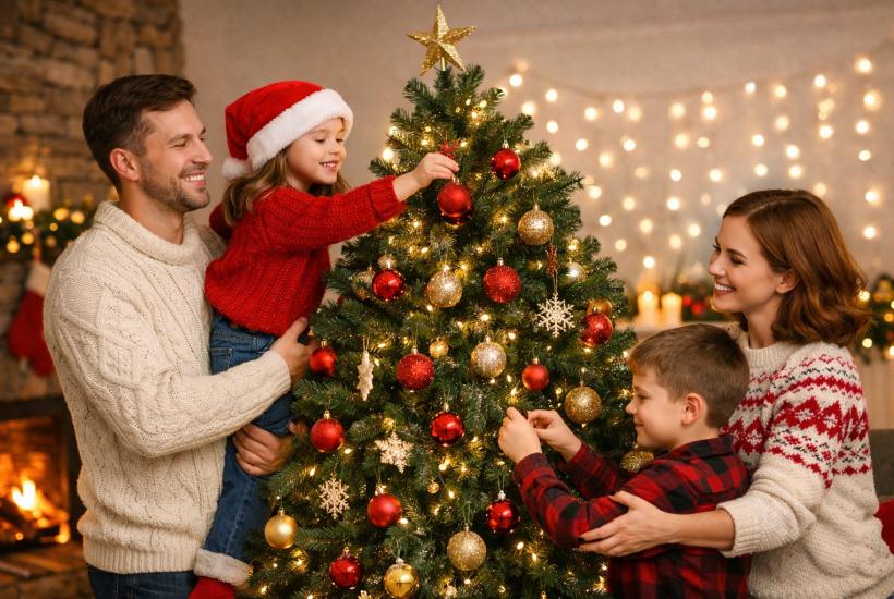 Семья украшает елку