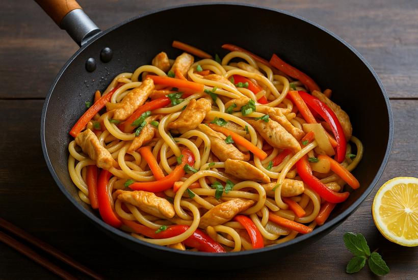 Лапша удон с курицей и овощами