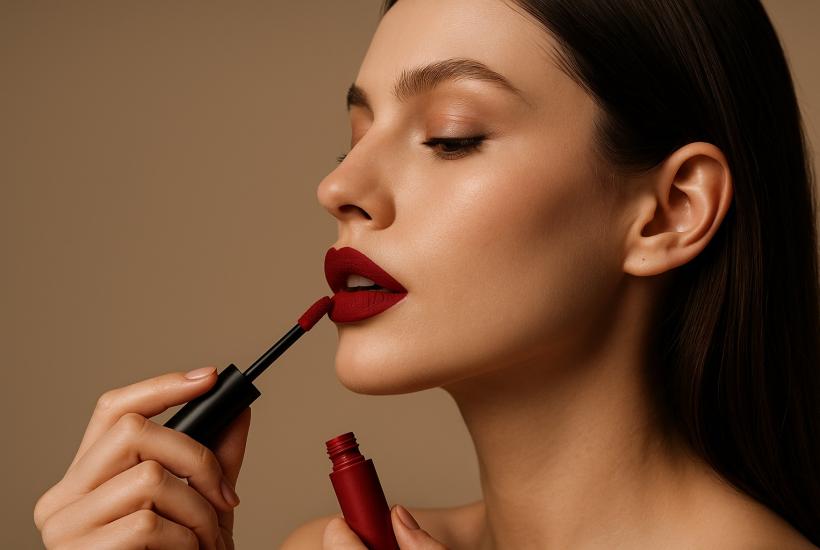 Девушка наносит помаду