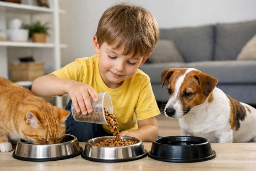 Мальчик кормит собаку и кошку