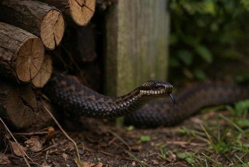 Гадюка у дров в саду