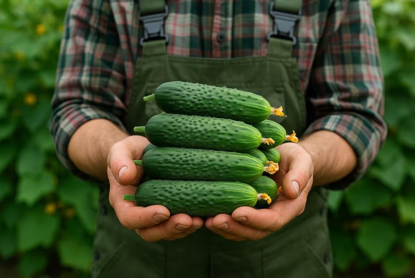 Урожай свежих огурцов в руках садовода