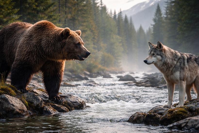 Гризли и волк в дикой природе