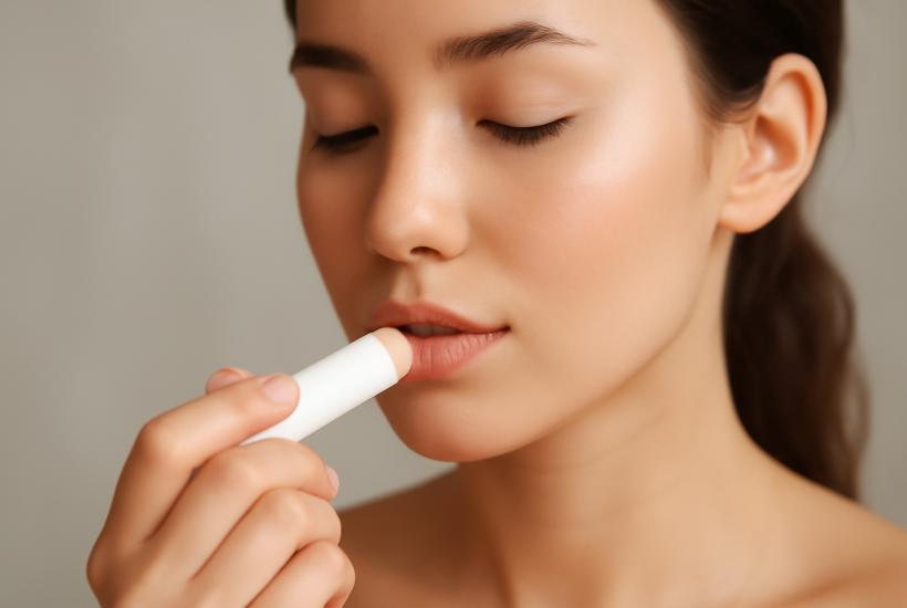 Портрет молодой женщины, наносящей бальзам для губ