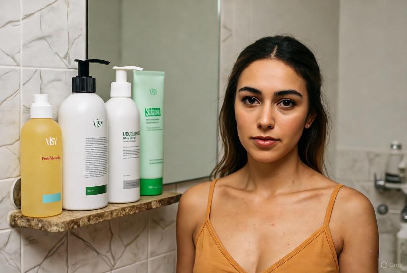 Шампунь и кондиционер, девушка в ванной комнате