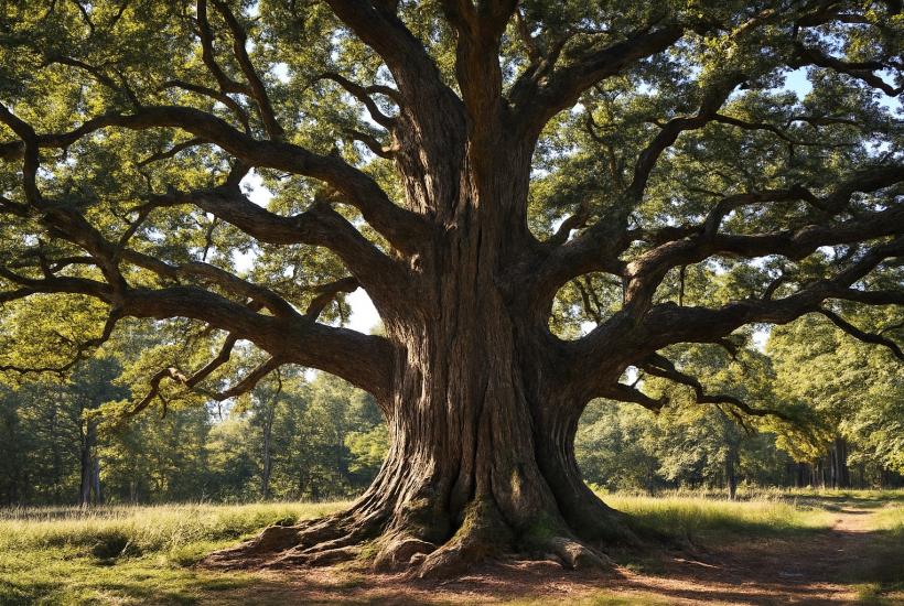 Старинный дуб в солнечном лесу
