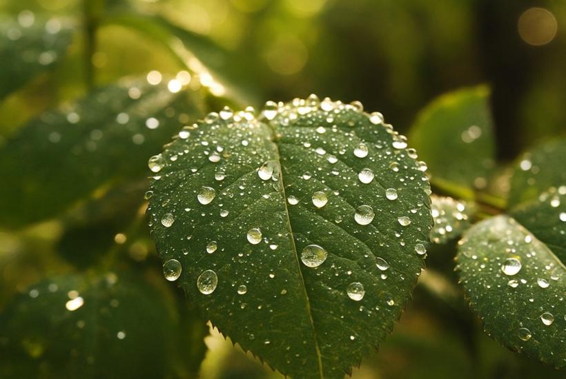 Утренняя роса на листьях