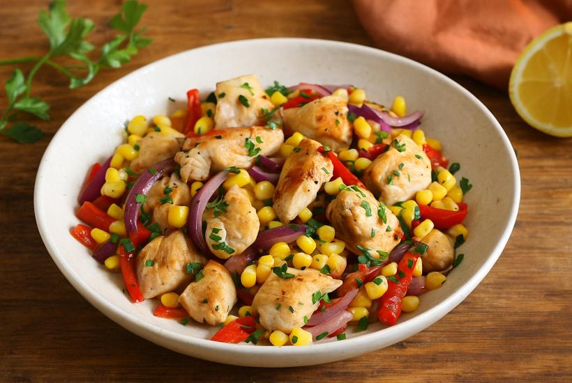 Тёплый салат с кукурузой и курицей