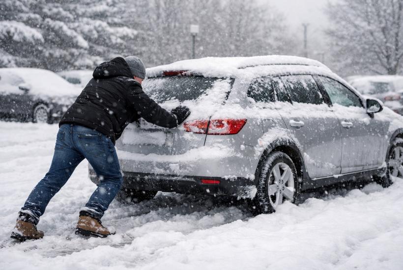 Мужчина толкает автомобиль