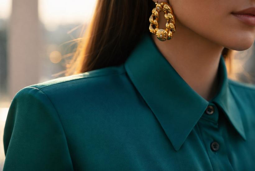 Женщина в зеленой рубашке и золотых серьгах