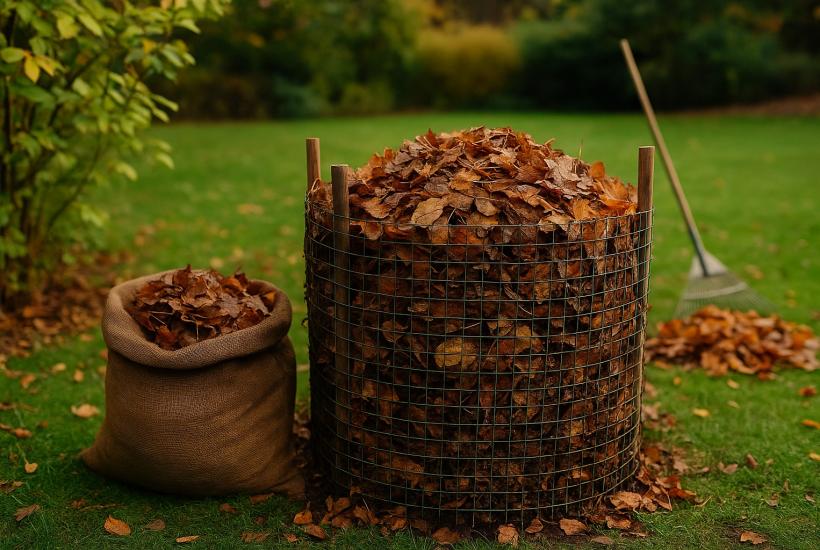 Компост из осенних листьев в саду