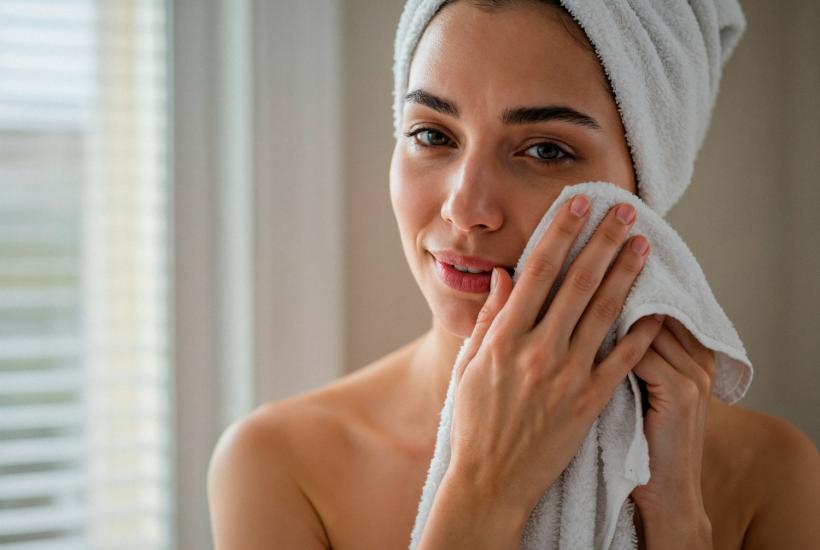 Женщина вытирает лицо полотенцем