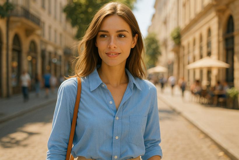 Девушка в голубой рубашке на летней улице