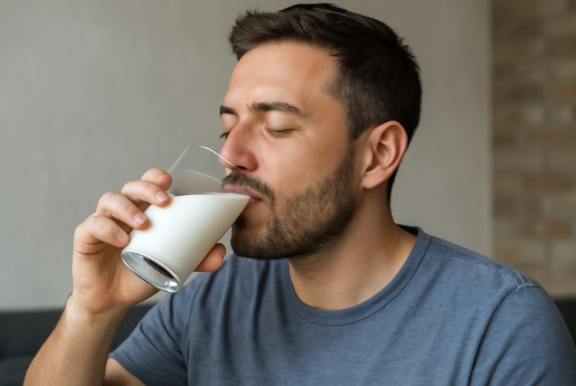 Мужчина пьет молоко