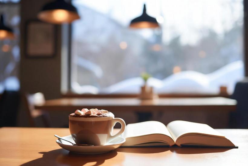 Горячий шоколад и книга в снежном кафе (уют)