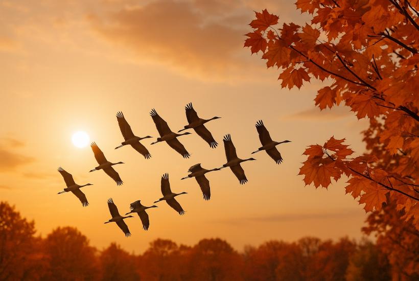 Перелётные птицы над осенним небом