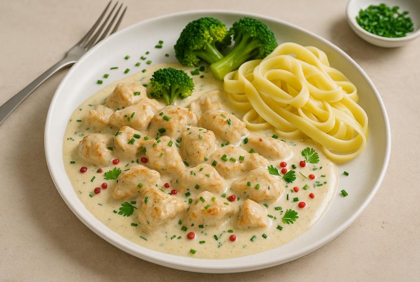 Курица в сливочном соусе с пастой и брокколи