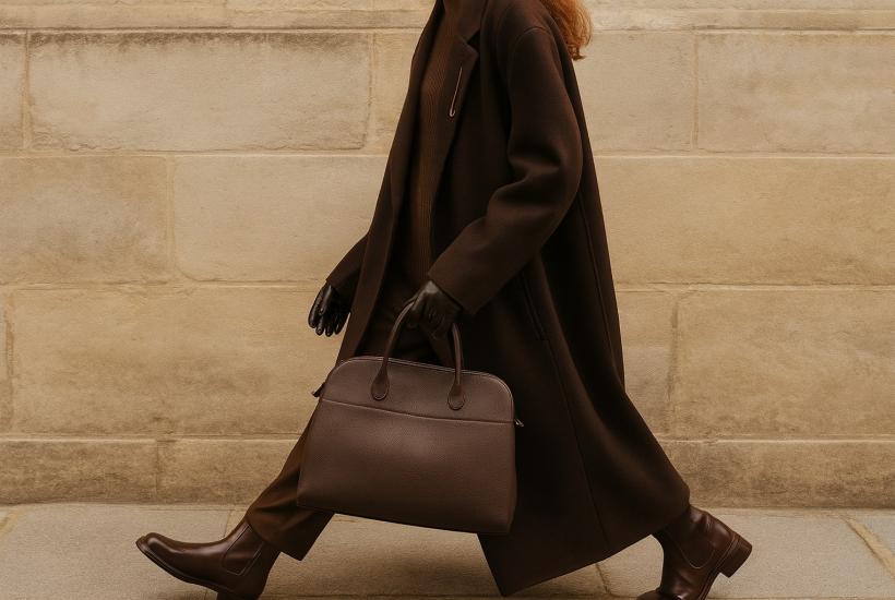Женщина в темно-коричневом пальто с сумкой