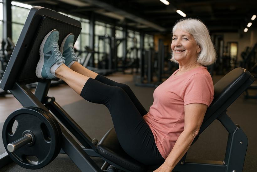 Пожилая женщина делает жим ногами