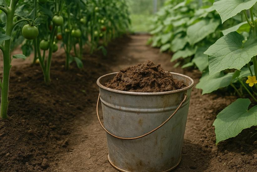 Ведро с навозом в теплице