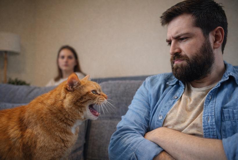 Кот шипит на мужчину