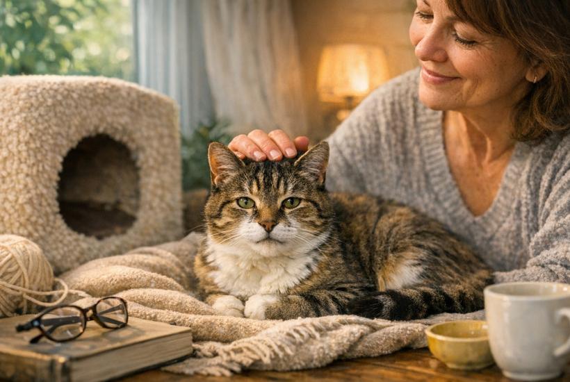 Кошка лежит на пледе