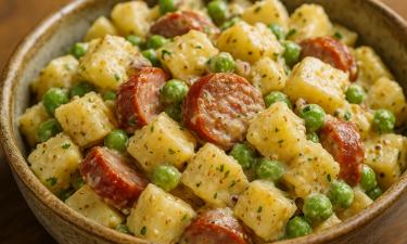 Луковая заправка делает салат с колбасками особенным