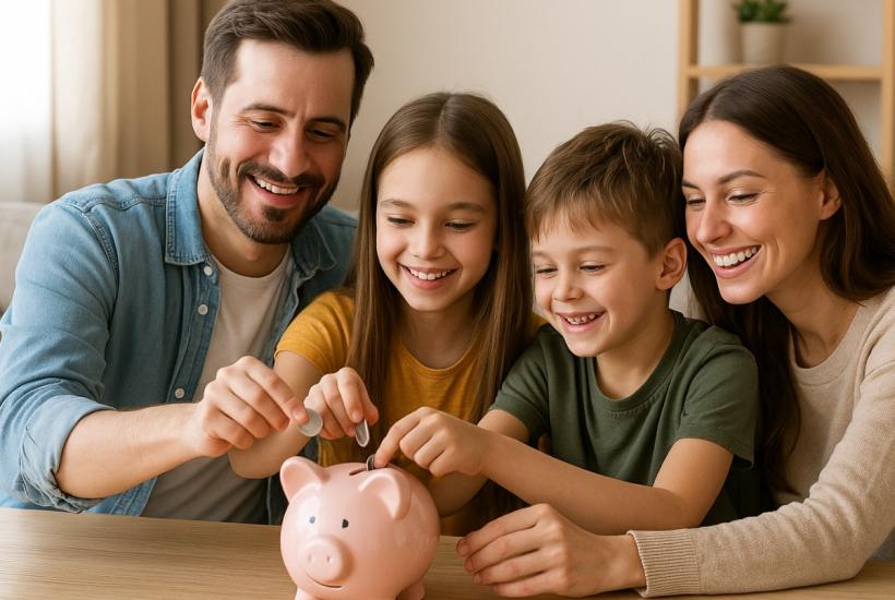 Родители и дети бросают монеты в копилку