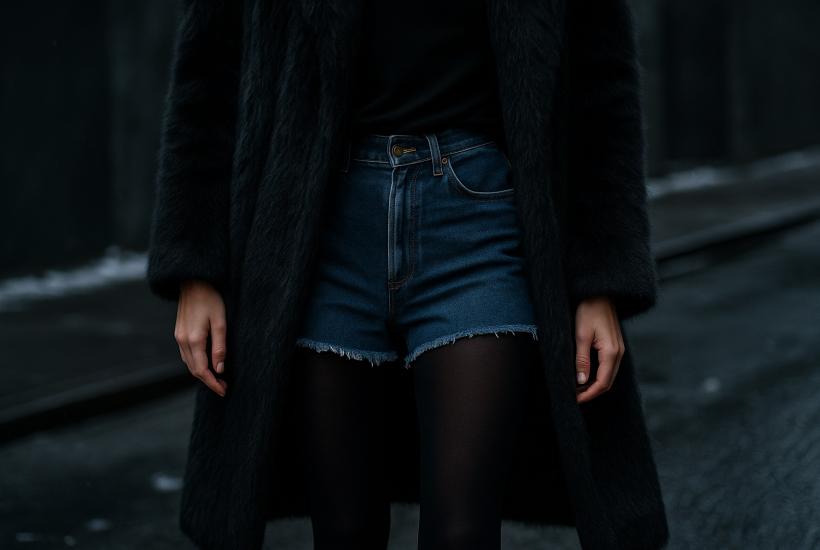 Зимний образ с джинсовыми шортами