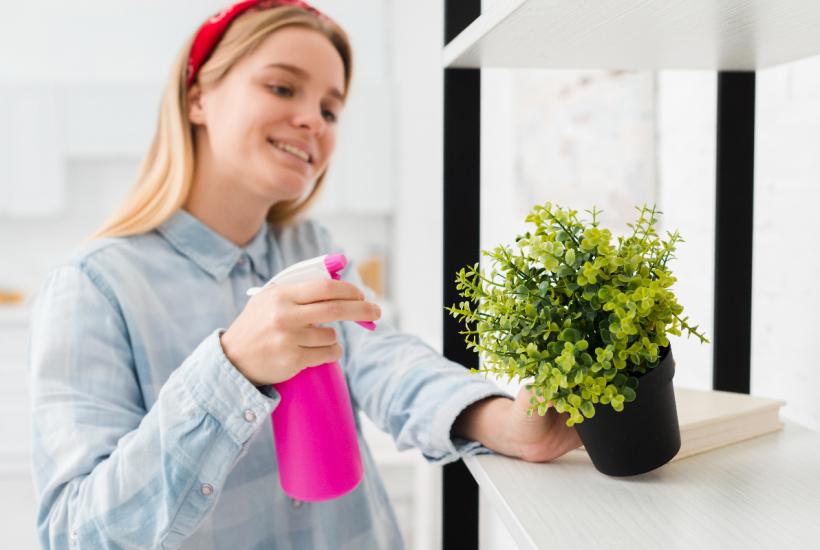 женщина опрыскивает растение