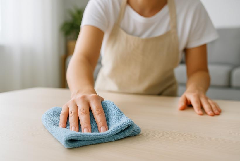 Человек протирает стол салфеткой из микрофибры